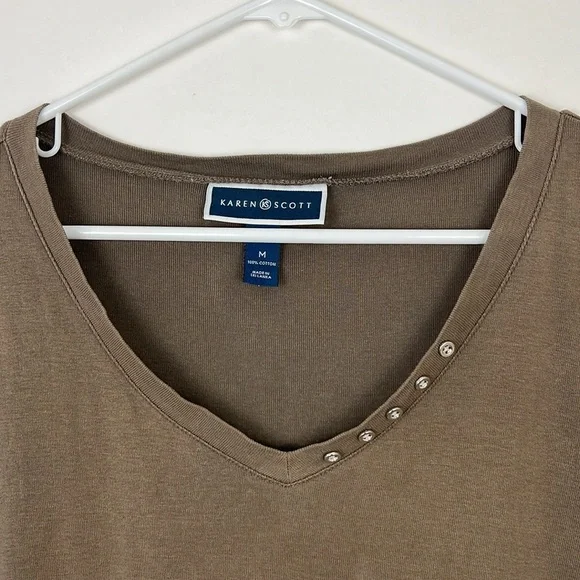 Karen Scott shortsleeved tee with button detail on v-neck brown M - Picture 3 of 7